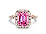 Rose gold Emerald Cut Halo Round Diamond Pavé Band Four-Prong Ring