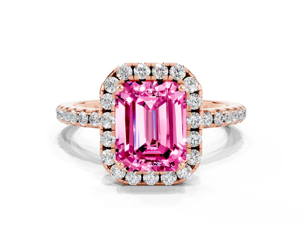 Rose gold Emerald Cut Pink Sapphire Halo Ring with Round Pavé Band and Prong Setting