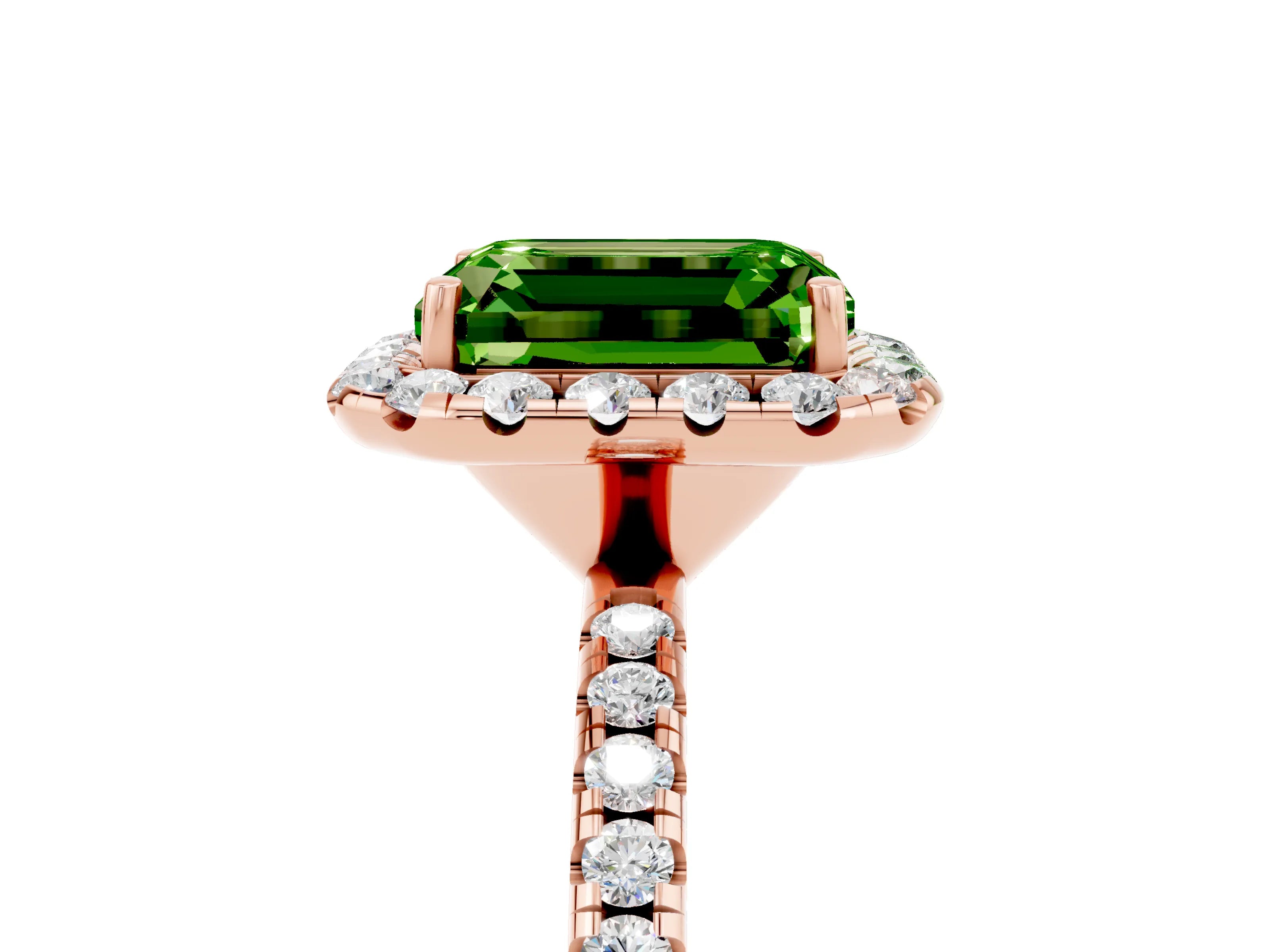 Rose gold Emerald Cut Halo Round Diamond Pavé Band Four-Prong Ring_5