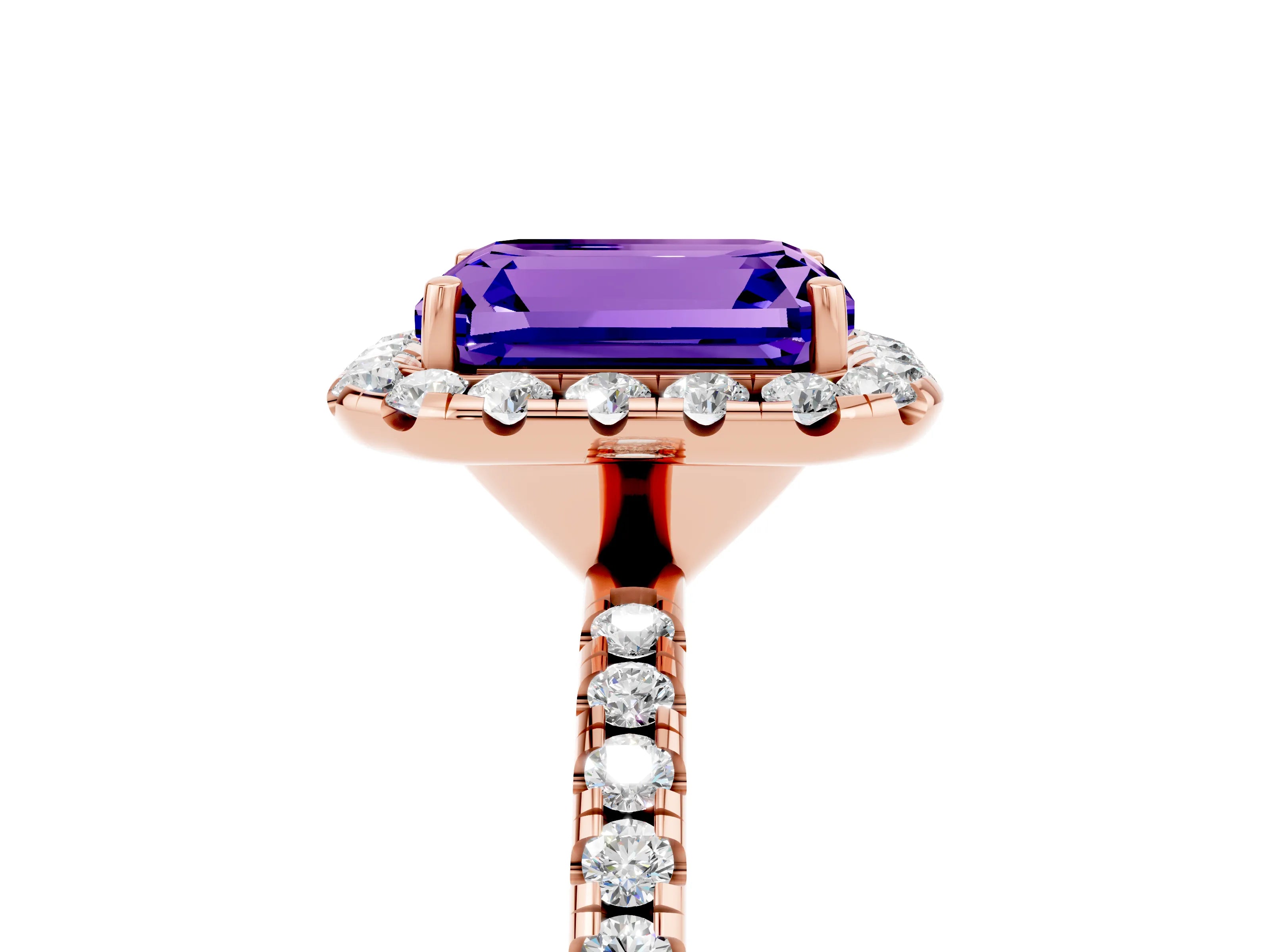 Rose gold Emerald Cut Halo Round Diamond Pavé Band Four-Prong Ring_5