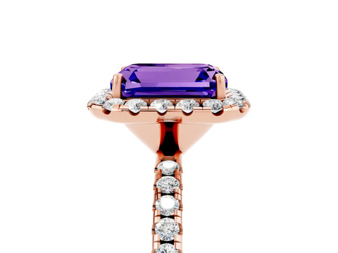 Rose gold Emerald Cut Halo Round Diamond Pavé Band Four-Prong Ring_5
