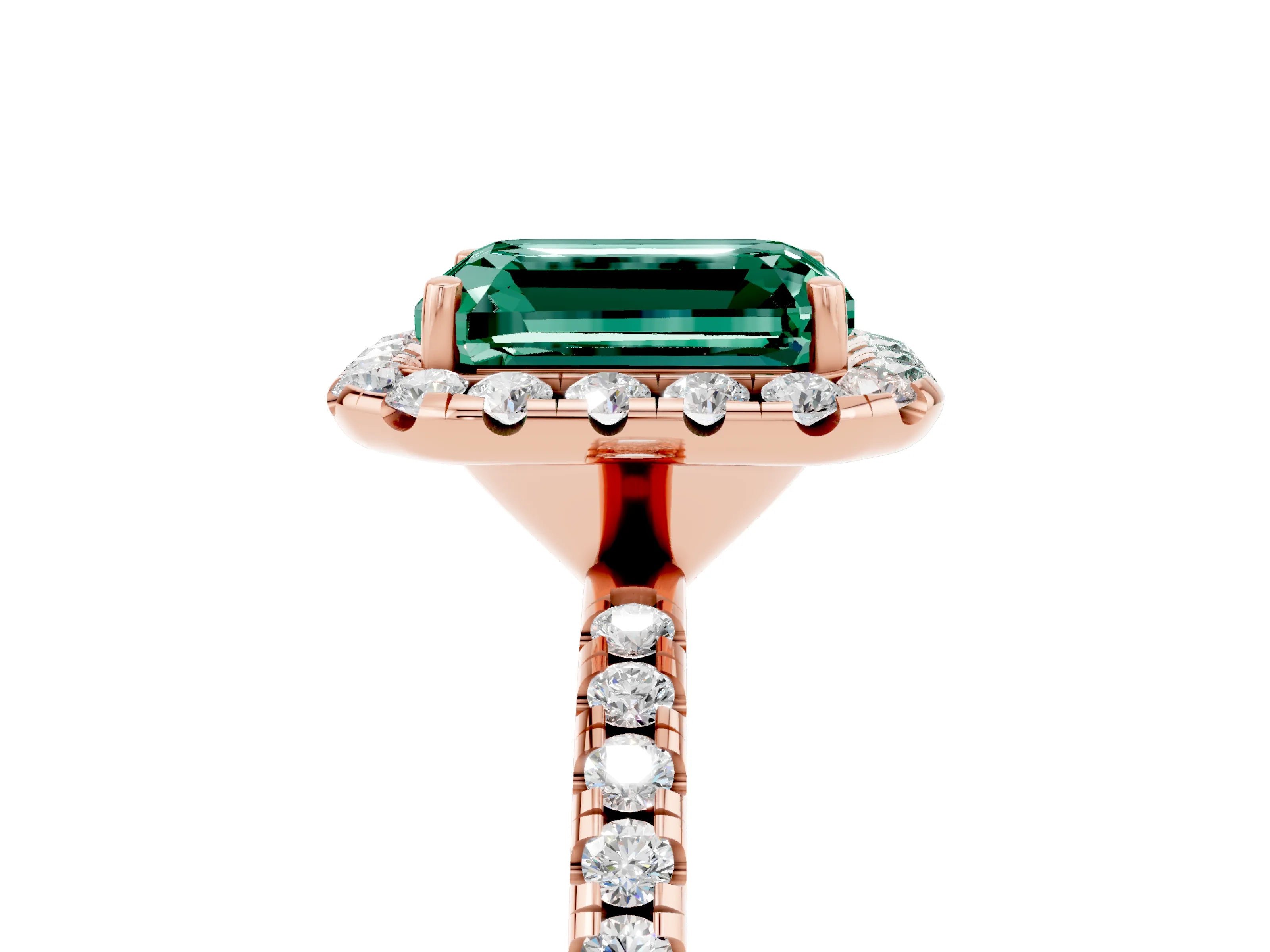 Rose gold Emerald Cut Halo Round Diamond Pavé Band Four-Prong Ring_5