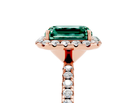 Rose gold Emerald Cut Halo Round Diamond Pavé Band Four-Prong Ring_5