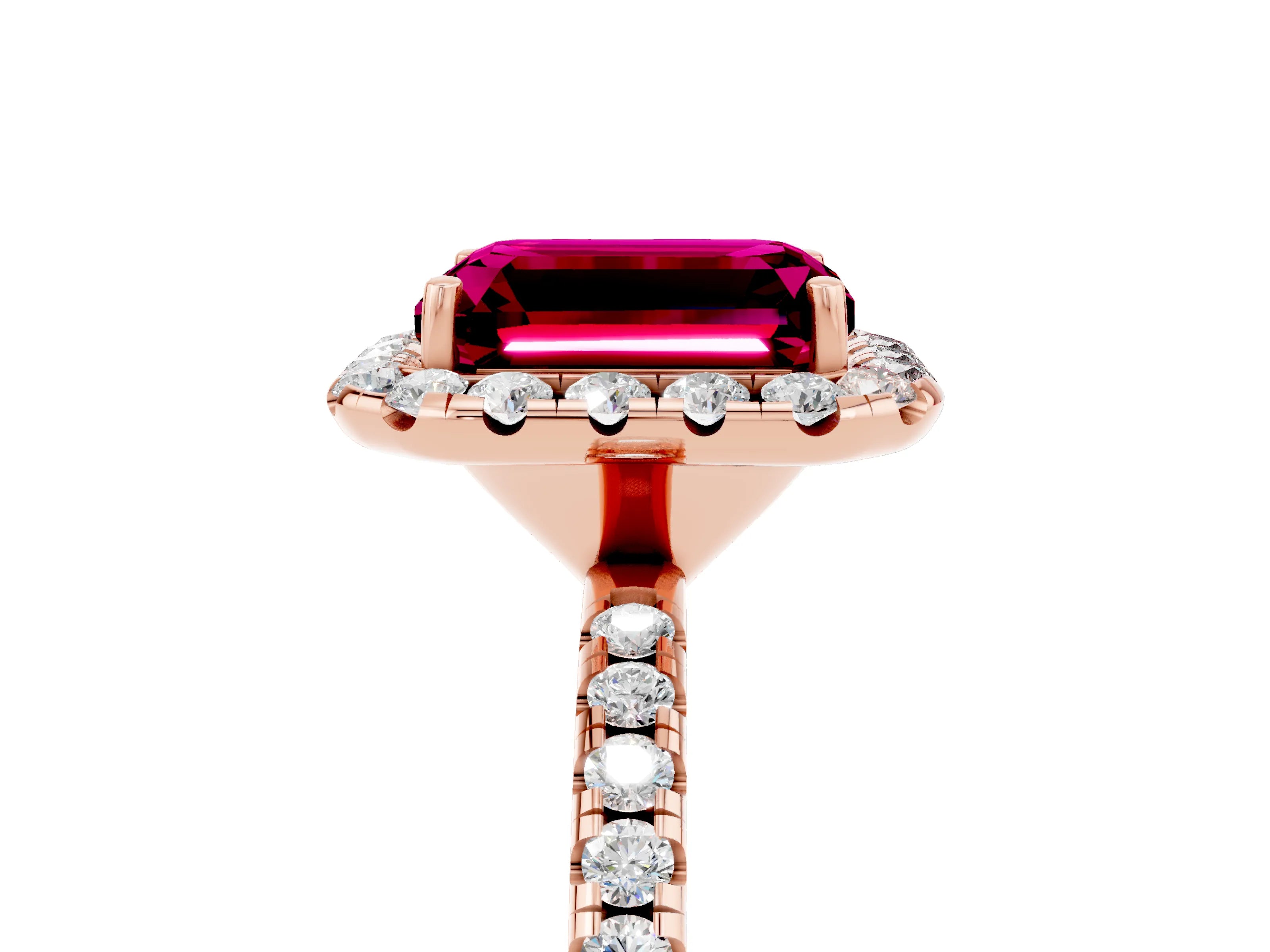 Rose gold Emerald Cut Halo Round Diamond Pavé Band Four-Prong Ring_5