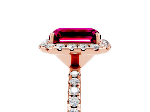 Rose gold Emerald Cut Halo Round Diamond Pavé Band Four-Prong Ring_5