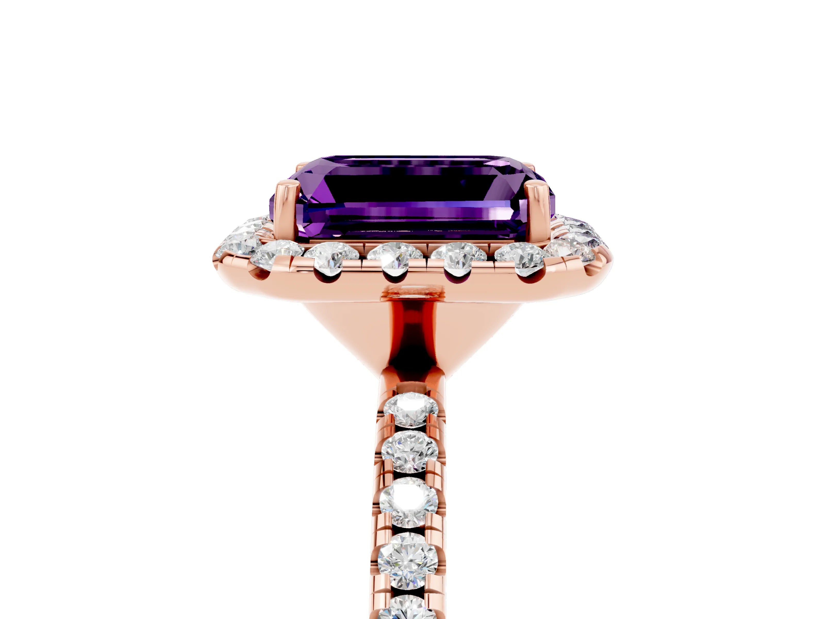 Rose gold Emerald Cut Halo Round Diamond Pavé Band Four-Prong Ring_5