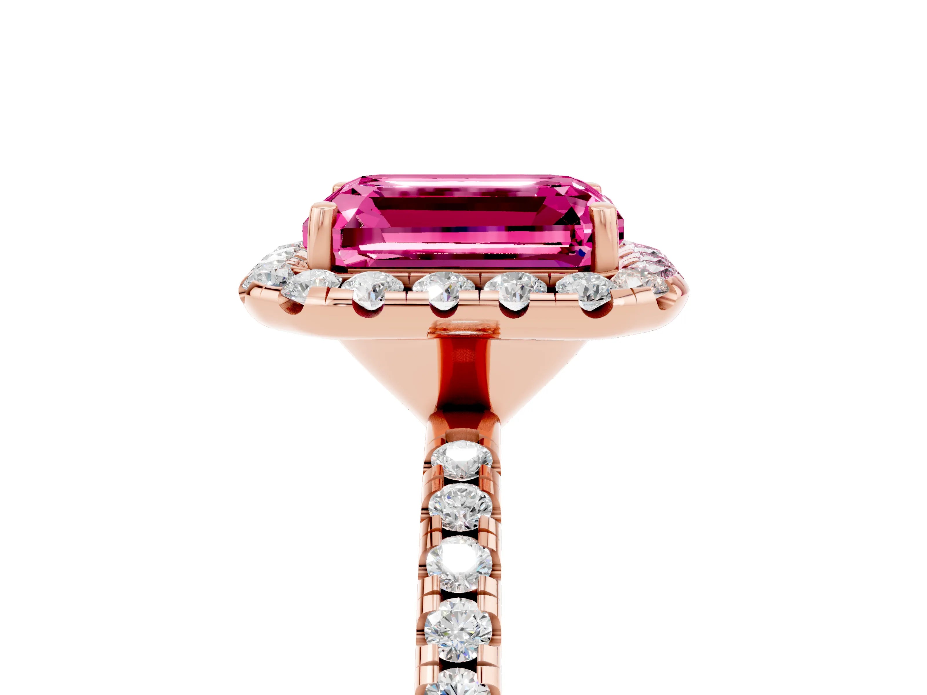 Rose gold Emerald Cut Halo Round Diamond Pavé Band Four-Prong Ring_5