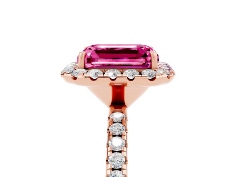 Rose gold Emerald Cut Halo Round Diamond Pavé Band Four-Prong Ring_5
