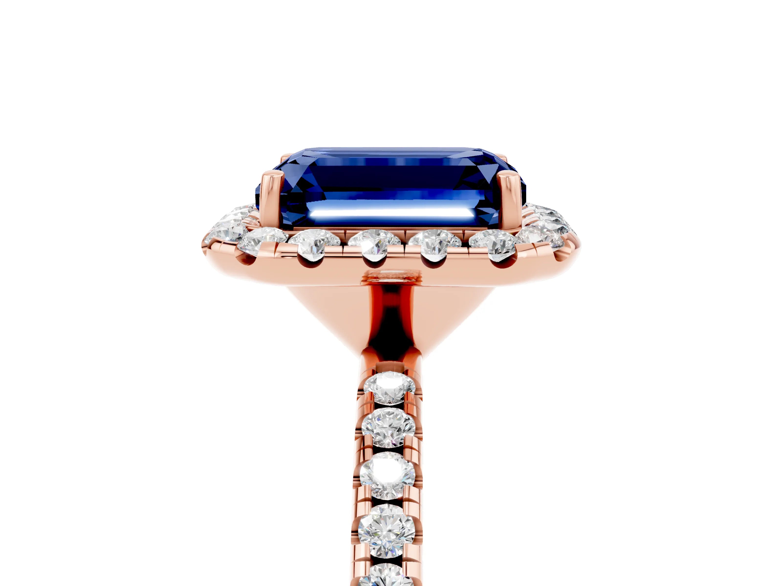 Rose gold Emerald Cut Halo Round Diamond Pavé Band Four-Prong Ring_5