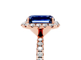 Rose gold Emerald Cut Halo Round Diamond Pavé Band Four-Prong Ring_5