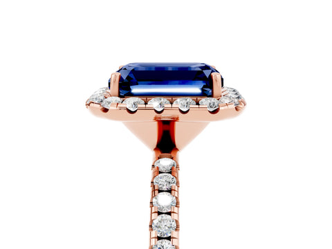 Rose gold Emerald Cut Halo Round Diamond Pavé Band Four-Prong Ring_5