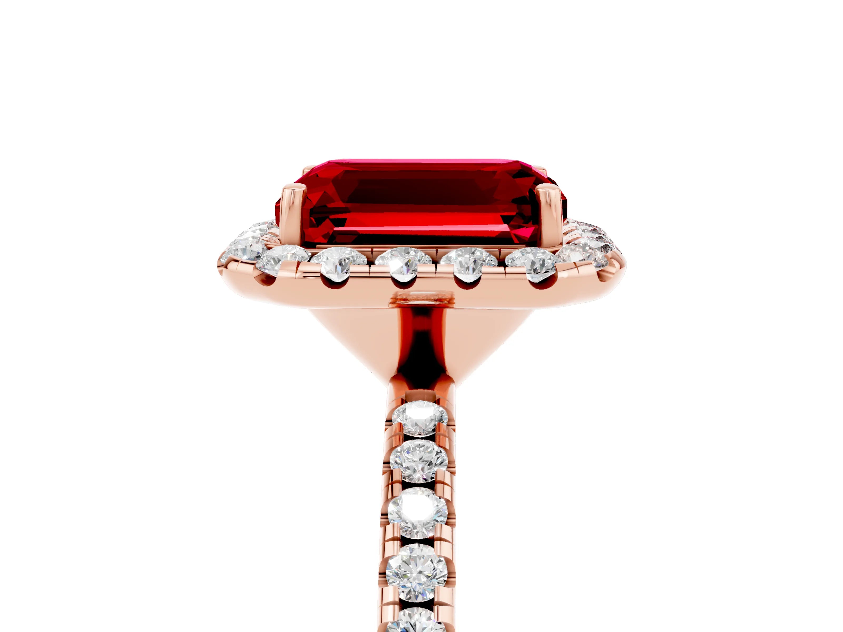 Rose gold Emerald Cut Halo Round Diamond Pavé Band Four-Prong Ring_5