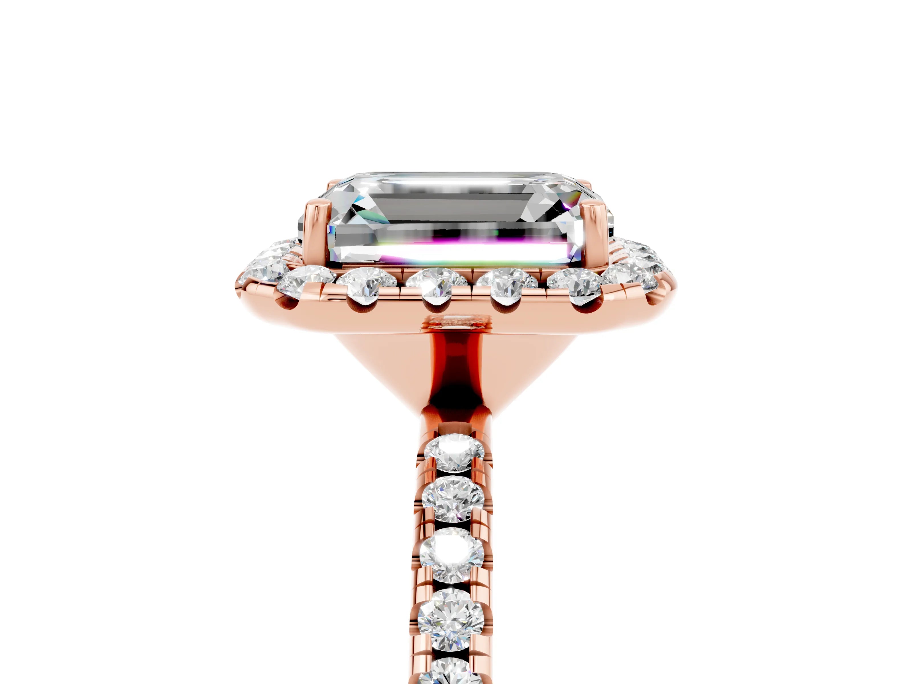 Rose gold Emerald Cut Halo Round Diamond Pavé Band Four-Prong Ring_5