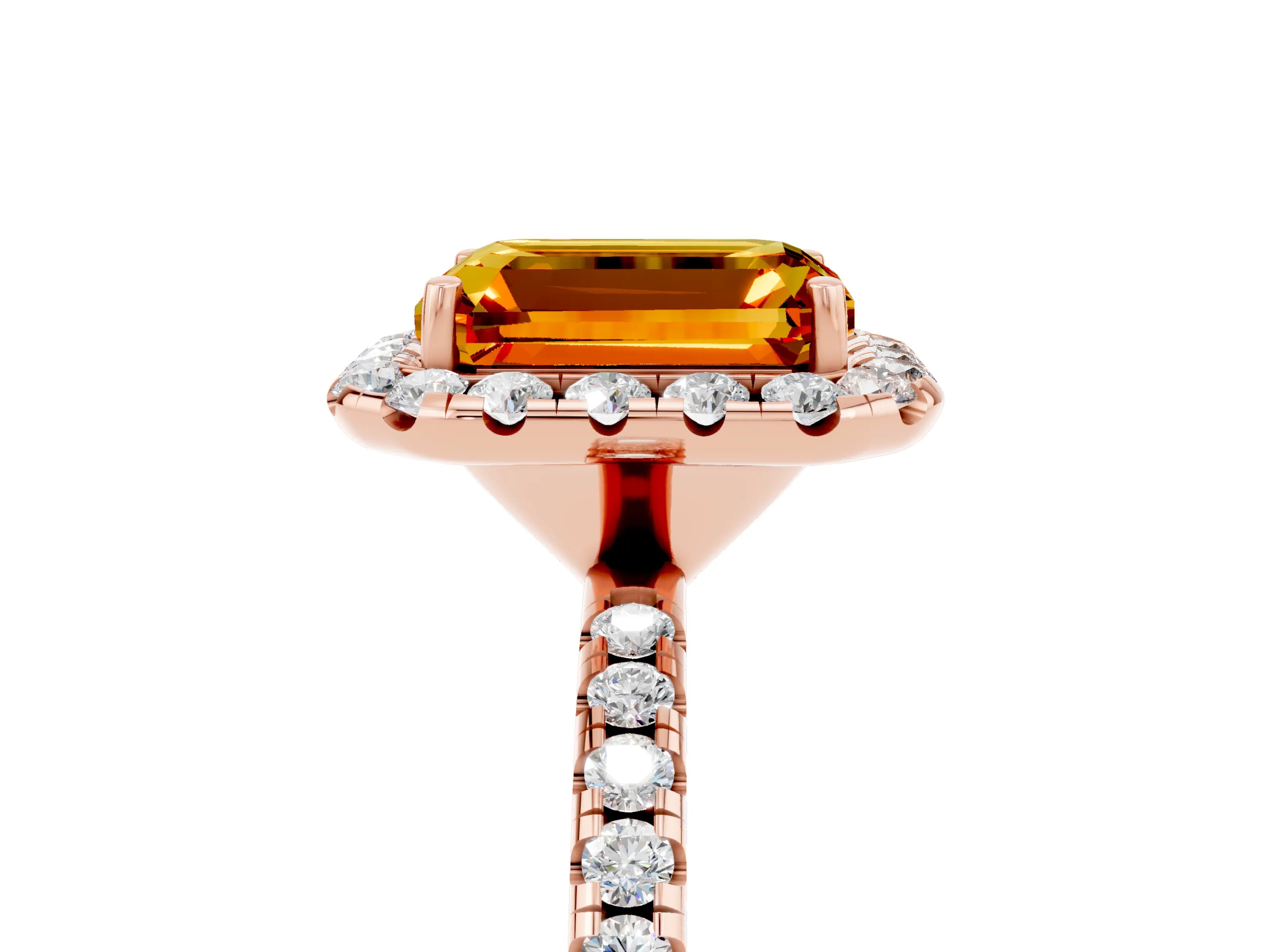 Rose gold Emerald Cut Halo Round Diamond Pavé Band Four-Prong Ring_5