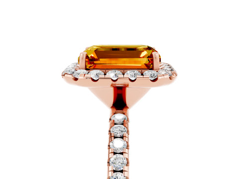 Rose gold Emerald Cut Halo Round Diamond Pavé Band Four-Prong Ring_5