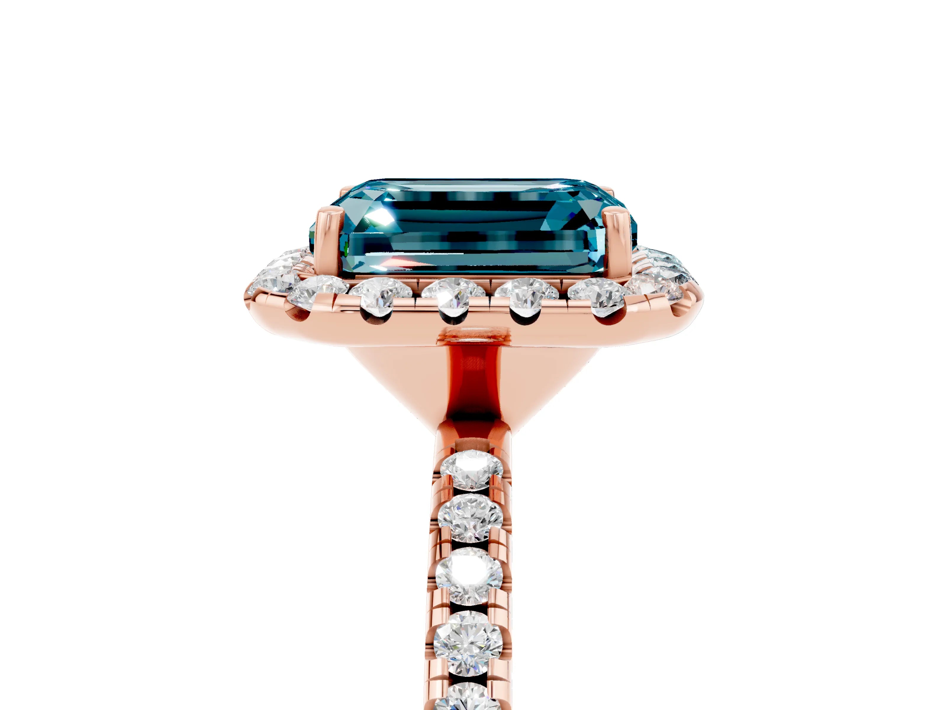 Rose gold Emerald Cut Halo Round Diamond Pavé Band Four-Prong Ring_5