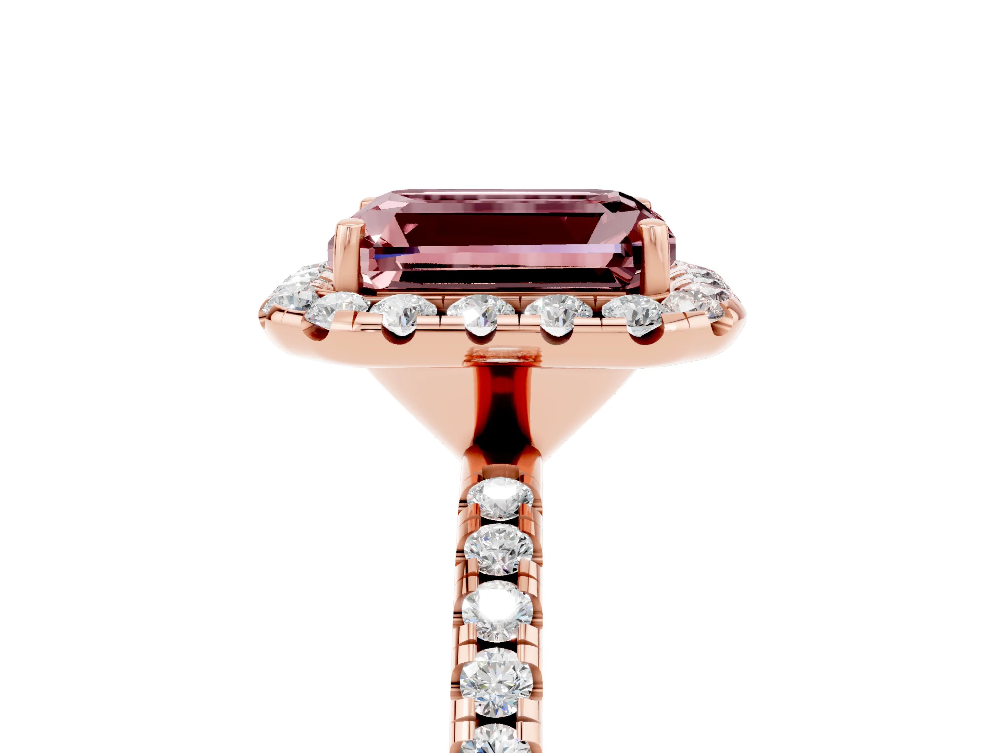 Rose gold Emerald Cut Halo Round Diamond Pavé Band Four-Prong Ring_5