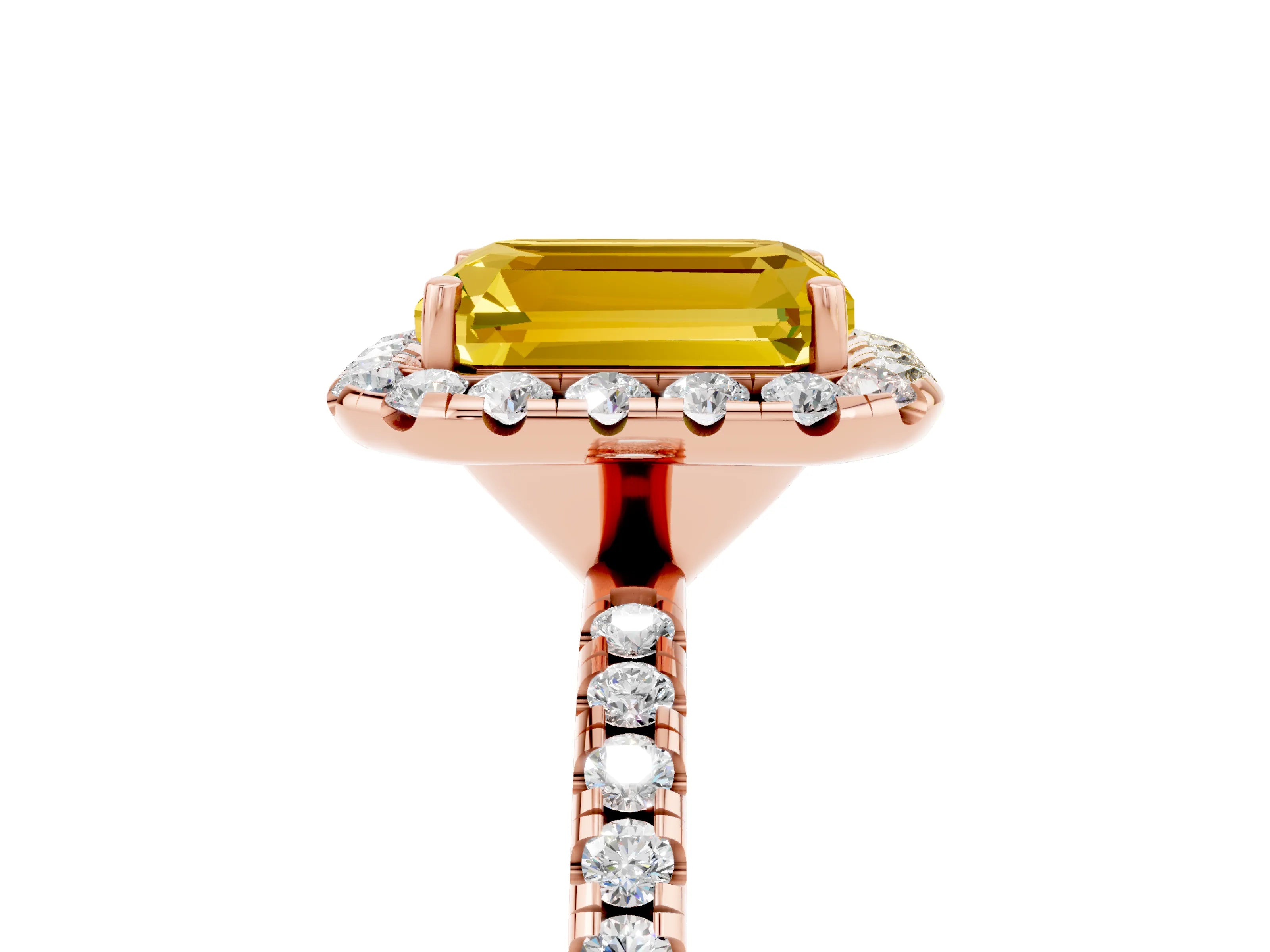 Rose gold Emerald Cut Halo Round Diamond Pavé Band Four-Prong Ring_5