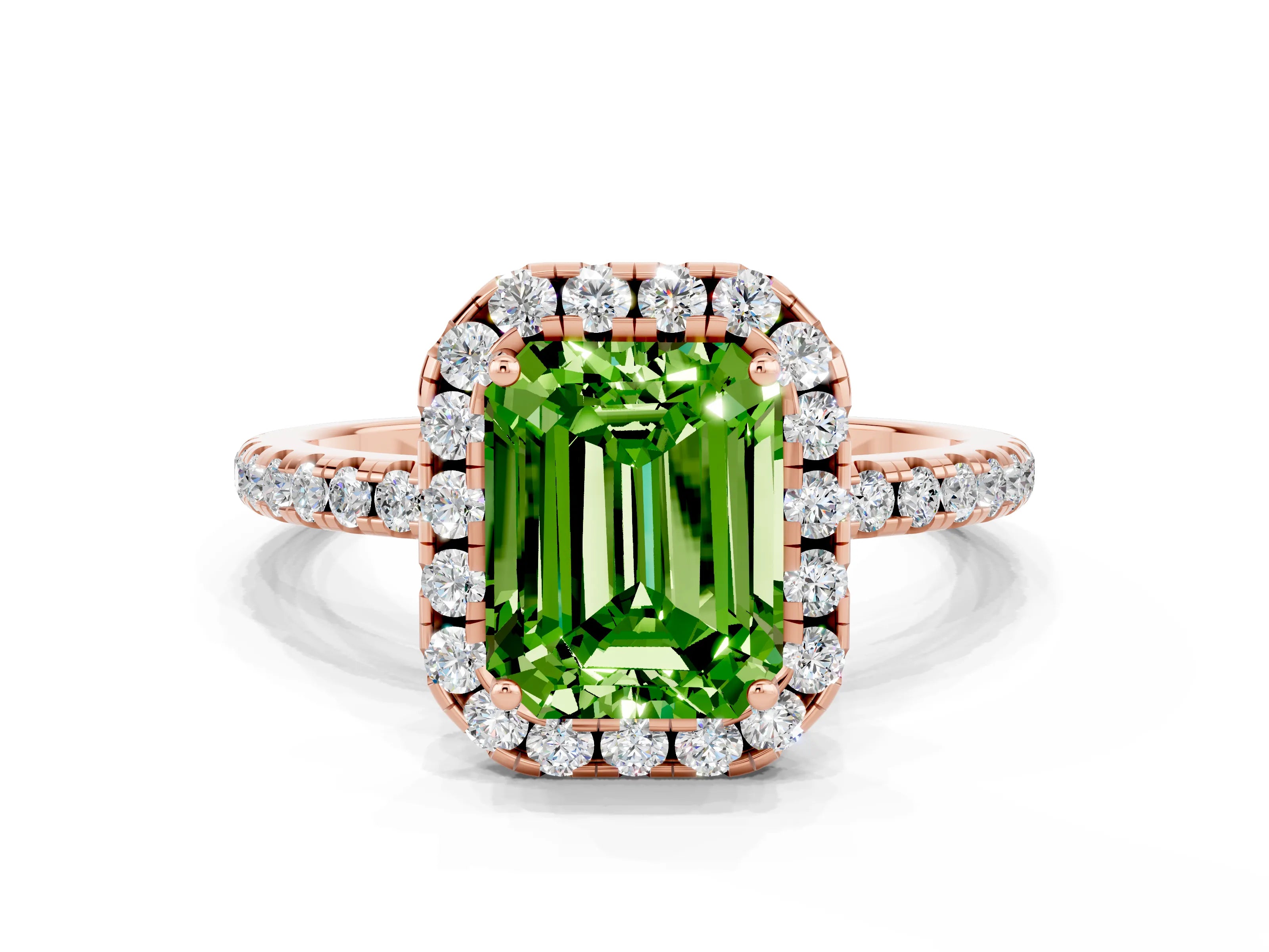 Rose gold Emerald Cut Halo Round Diamond Pavé Band Four-Prong Ring