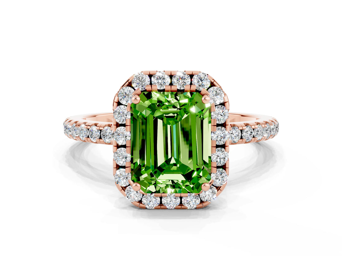 Rose gold Emerald Cut Halo Round Diamond Pavé Band Four-Prong Ring