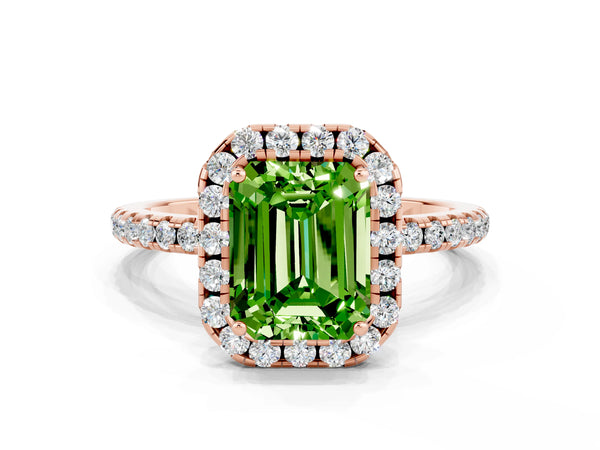 Rose gold Emerald Cut Halo Round Diamond Pavé Band Four-Prong Ring