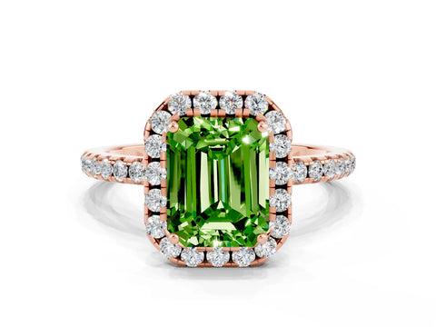 Rose gold Emerald Cut Halo Round Diamond Pavé Band Four-Prong Ring