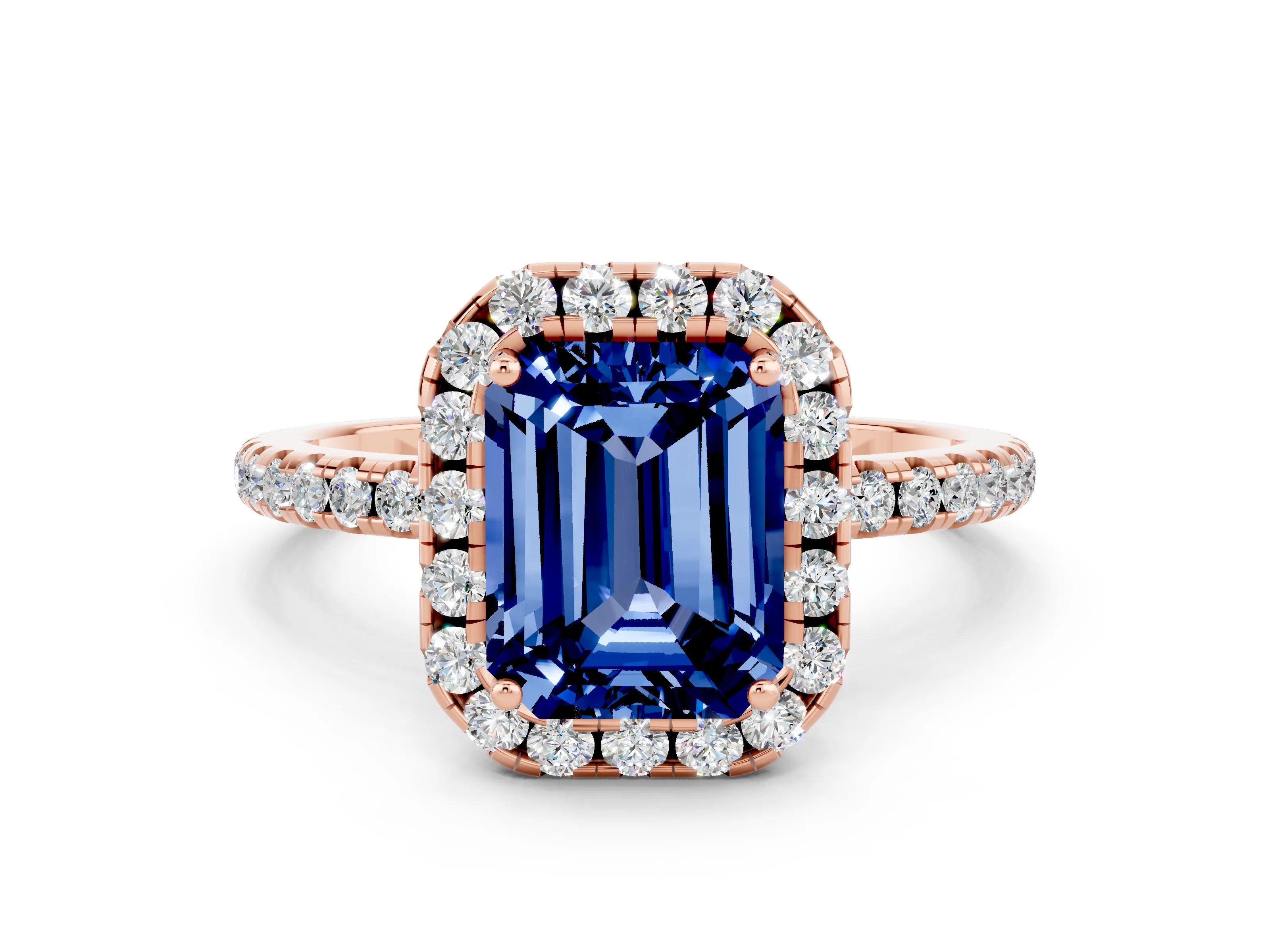 Rose gold Emerald Cut Halo Round Diamond Pavé Band Four-Prong Ring