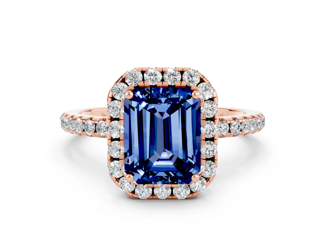 Rose gold Emerald Cut Halo Round Diamond Pavé Band Four-Prong Ring