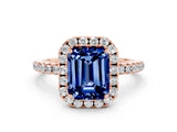 Rose gold Emerald Cut Halo Round Diamond Pavé Band Four-Prong Ring