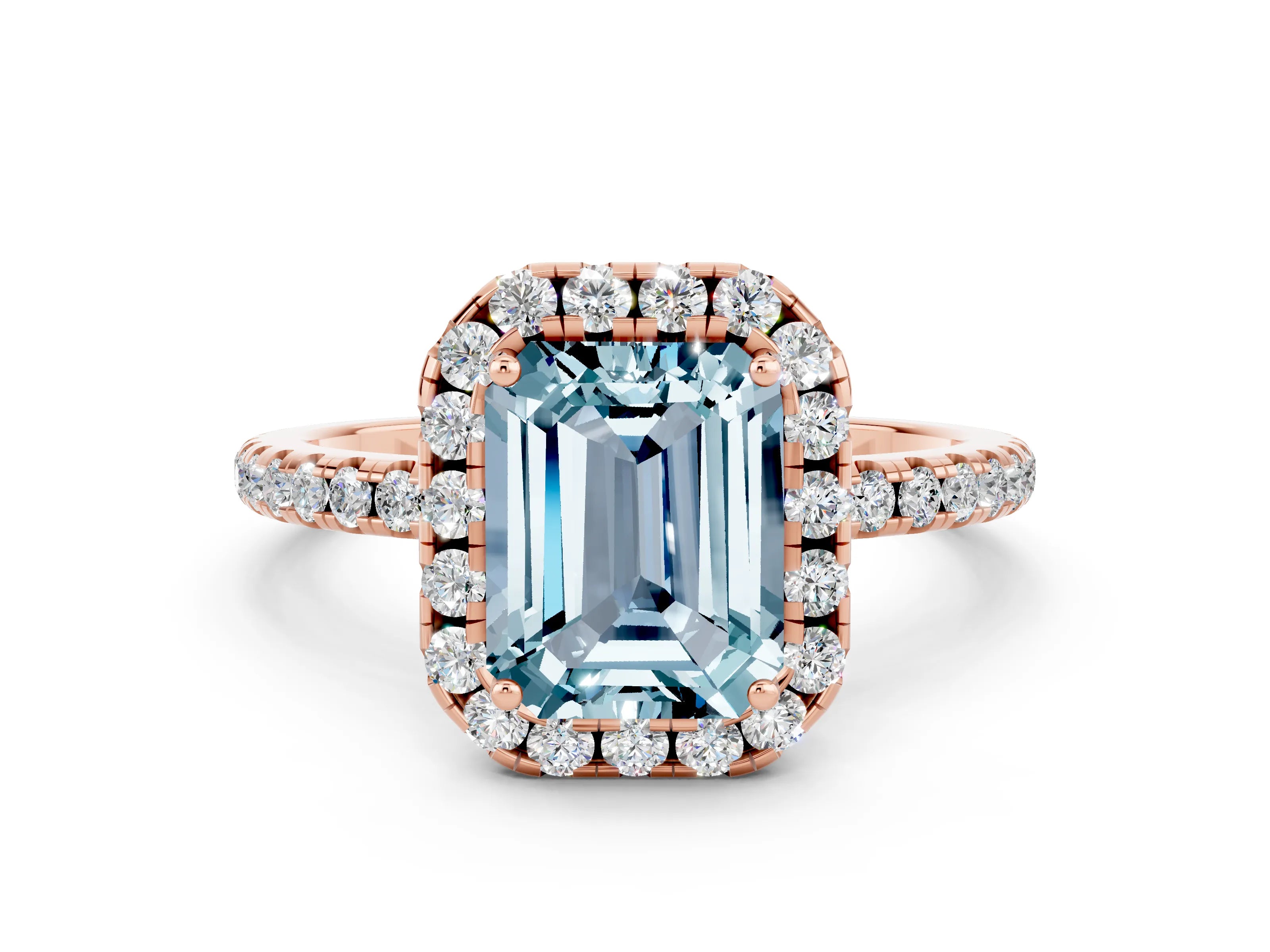 Rose gold Emerald Cut Halo Round Diamond Pavé Band Four-Prong Ring