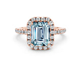 Rose gold Emerald Cut Halo Round Diamond Pavé Band Four-Prong Ring