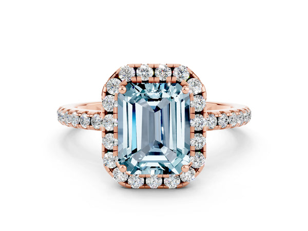 Rose gold Emerald Cut Aquamarine Halo Ring with Round Pavé Band and Prong Setting