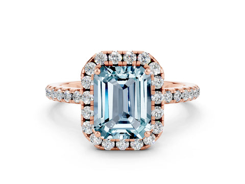 Rose gold Emerald Cut Halo Round Diamond Pavé Band Four-Prong Ring