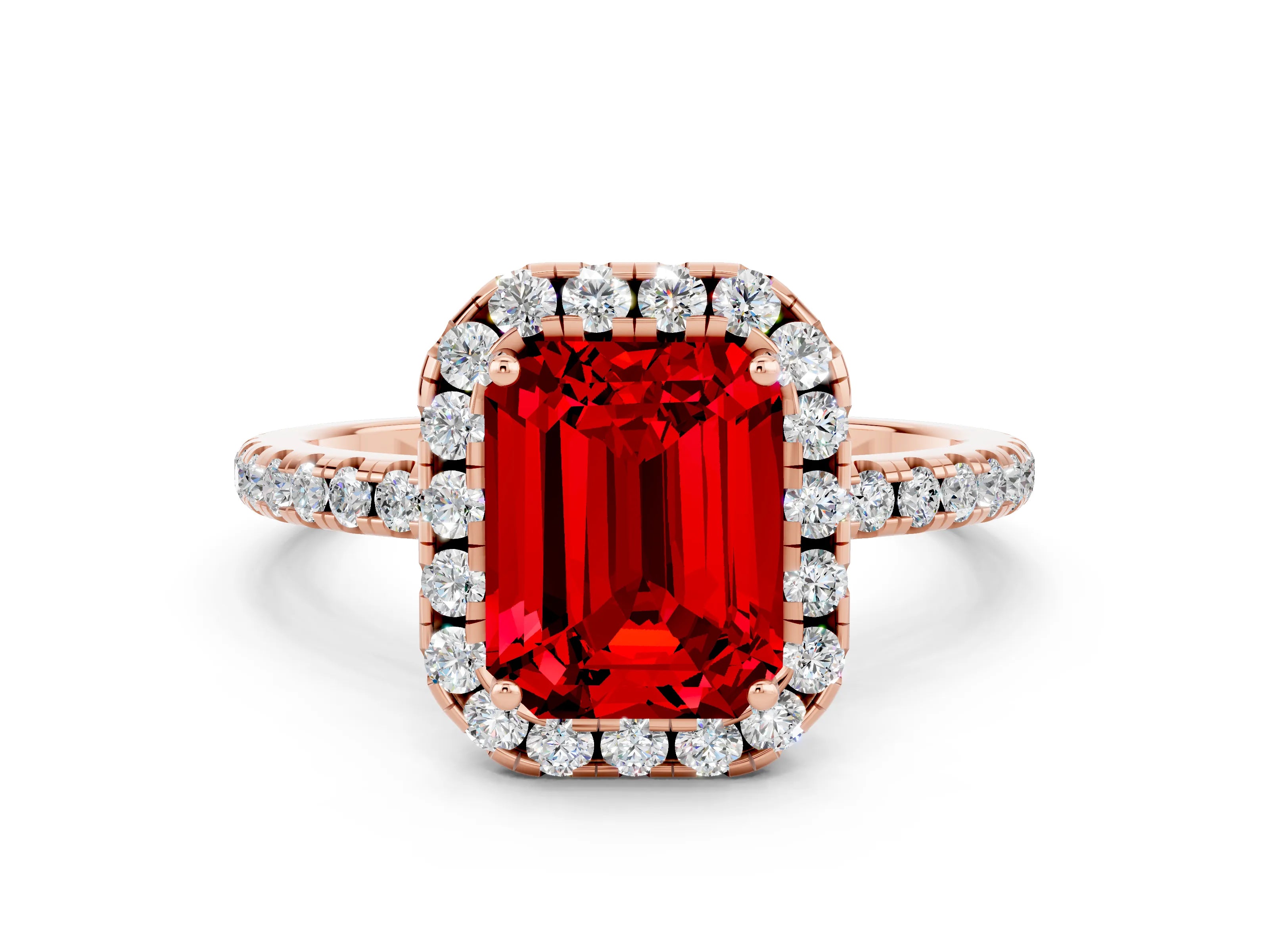 Rose gold Emerald Cut Halo Round Diamond Pavé Band Four-Prong Ring