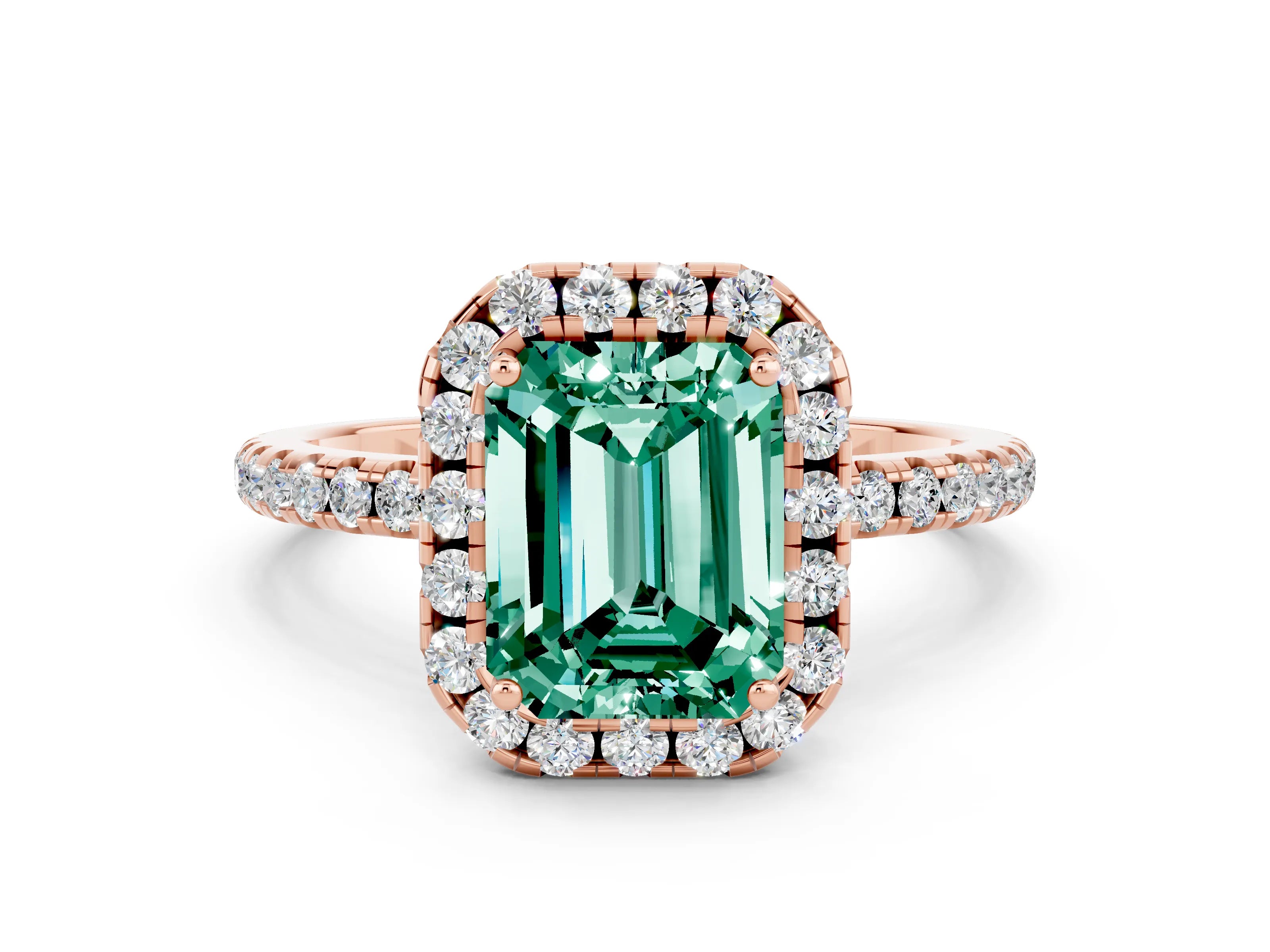 Rose gold Emerald Cut Halo Round Diamond Pavé Band Four-Prong Ring