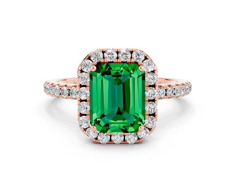 Rose gold Emerald Cut Halo Round Diamond Pavé Band Four-Prong Ring