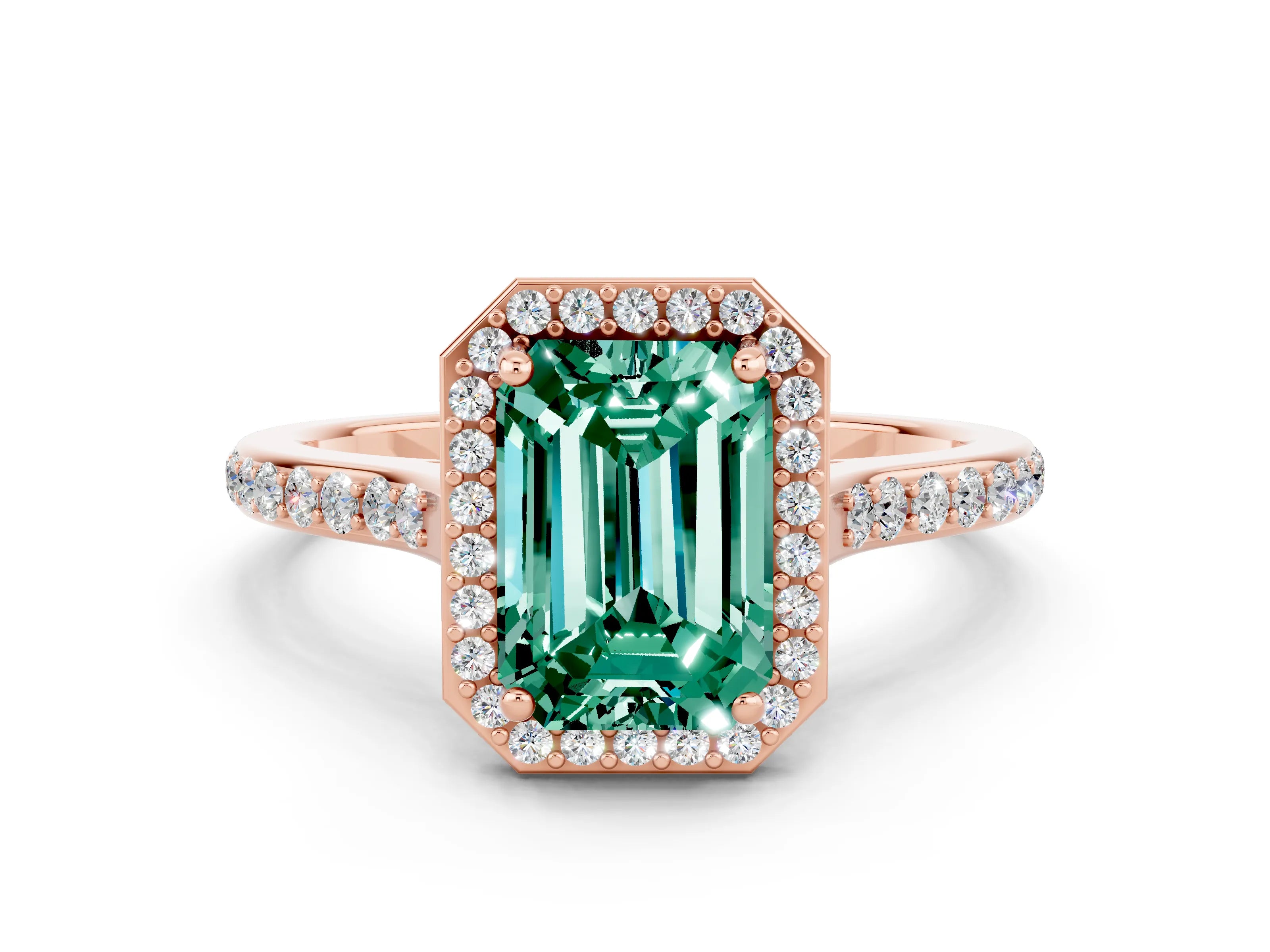 Rose gold Emerald Cut Halo Round Diamond Pavé Band with Four-Prong Setting