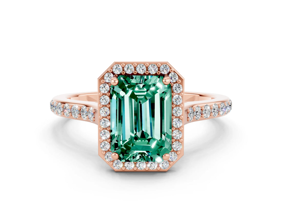 Rose gold Emerald Cut Halo Round Diamond Pavé Band with Four-Prong Setting