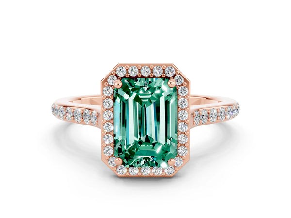 Rose gold Emerald Cut Green Sapphire Halo Engagement Ring with Round Pavé Shoulders and Prong Setting