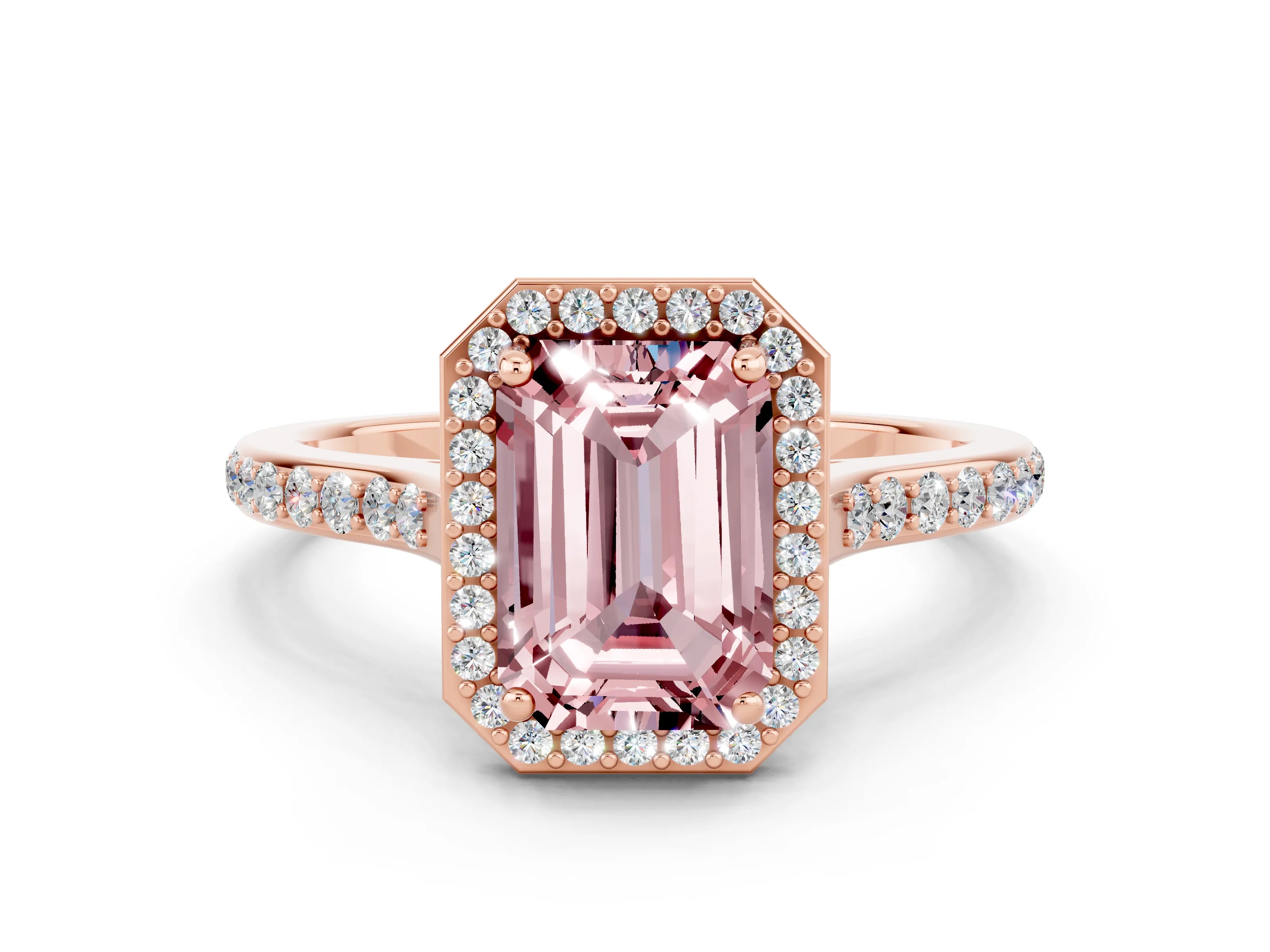 Rose gold Emerald Cut Halo Round Diamond Pavé Band with Four-Prong Setting