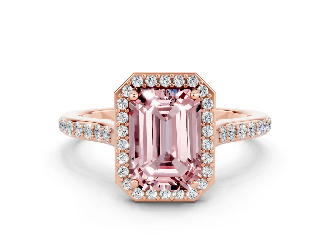 Rose gold Emerald Cut Halo Round Diamond Pavé Band with Four-Prong Setting