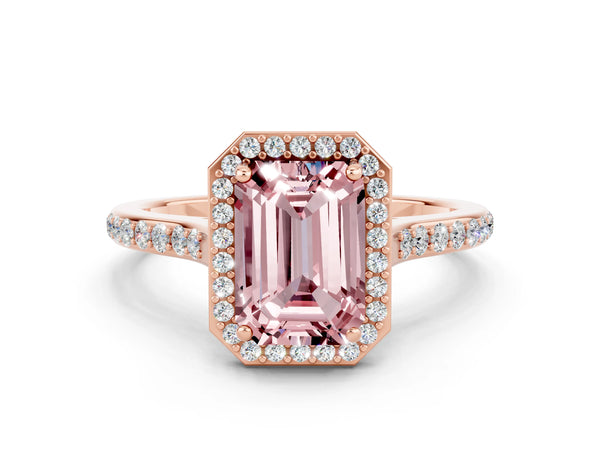 Rose gold Emerald Cut Halo Round Diamond Pavé Band with Four-Prong Setting