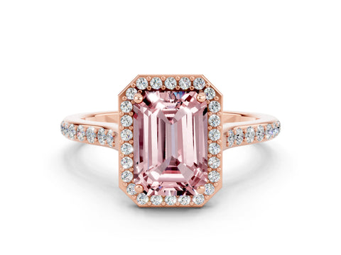 Rose gold Emerald Cut Halo Round Diamond Pavé Band with Four-Prong Setting