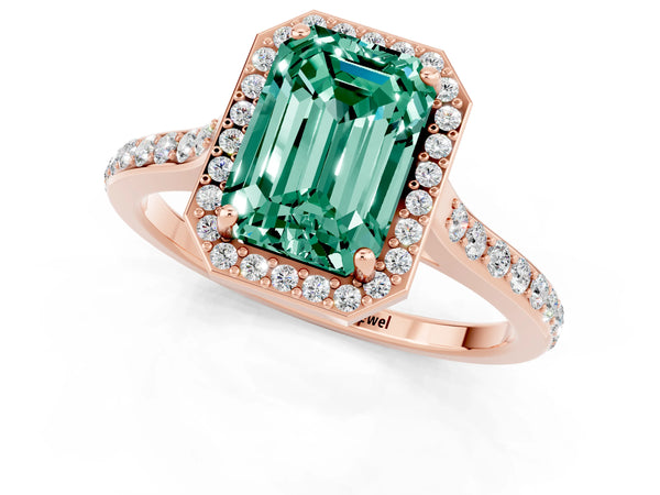Rose gold Emerald Cut Green Sapphire Halo Engagement Ring with Round Pavé Shoulders and Prong Setting