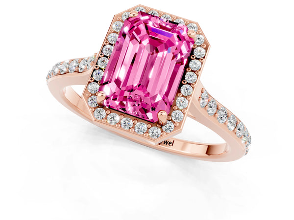 Rose gold Emerald Cut Pink Sapphire Halo Engagement Ring with Round Pavé Shoulders and Prong Setting