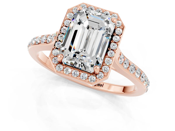 Rose gold Emerald Cut Moissanite Halo Engagement Ring with Round Pavé Shoulders and Prong Setting