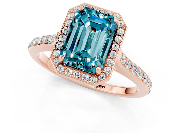 Rose gold Emerald Cut Halo Round Diamond Pavé Band with Four-Prong Setting