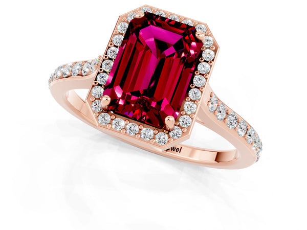 Rose gold Emerald Cut Garnet Halo Engagement Ring with Round Pavé Shoulders and Prong Setting