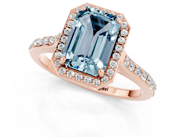 Rose gold Emerald Cut Aquamarine Halo Engagement Ring with Round Pavé Shoulders and Prong Setting