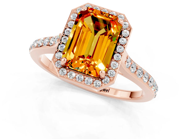 Rose gold Emerald Cut Citrine Halo Engagement Ring with Round Pavé Shoulders and Prong Setting